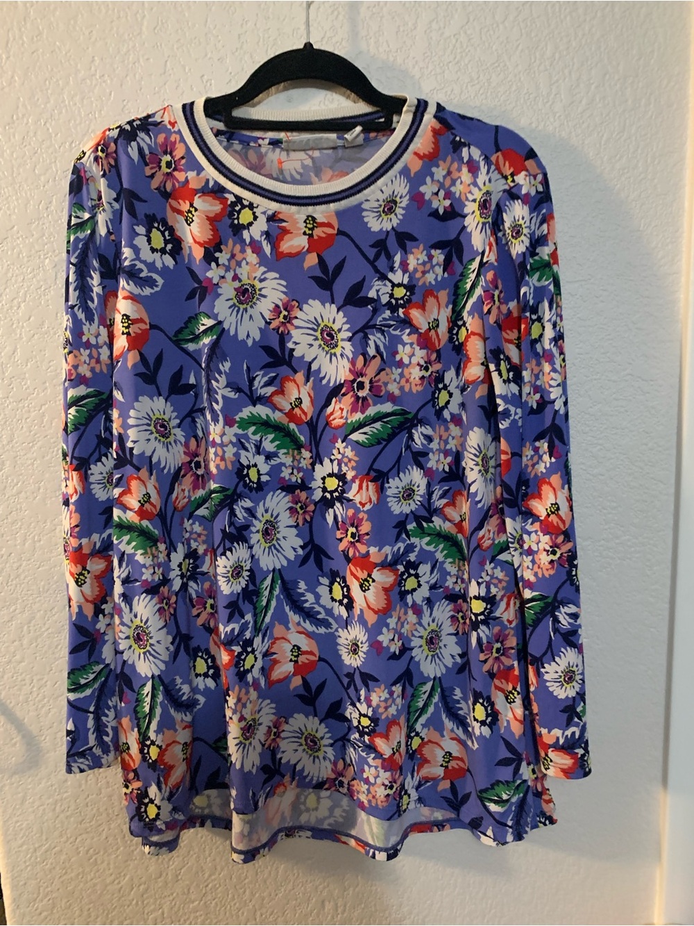 Susan Graver Purple Floral Long-Sleeve Tee with Contrast Neck